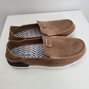 OluKai Mens Kakaha Leather Slip On Loafers Size 8.5 Brown Comfort Coastal Beach
